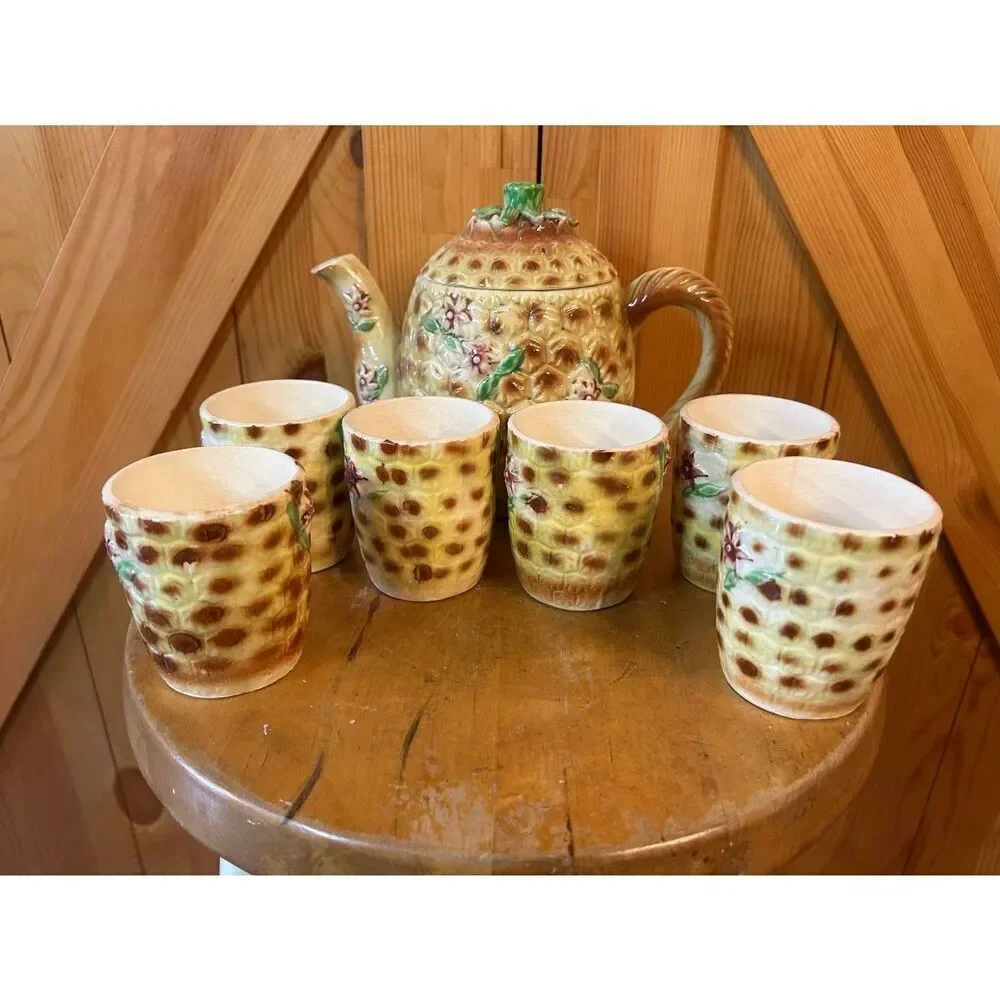 Vintage Japanese 7 Piece Tea Set Porcelain Pineapple Floral Design Read (5007)